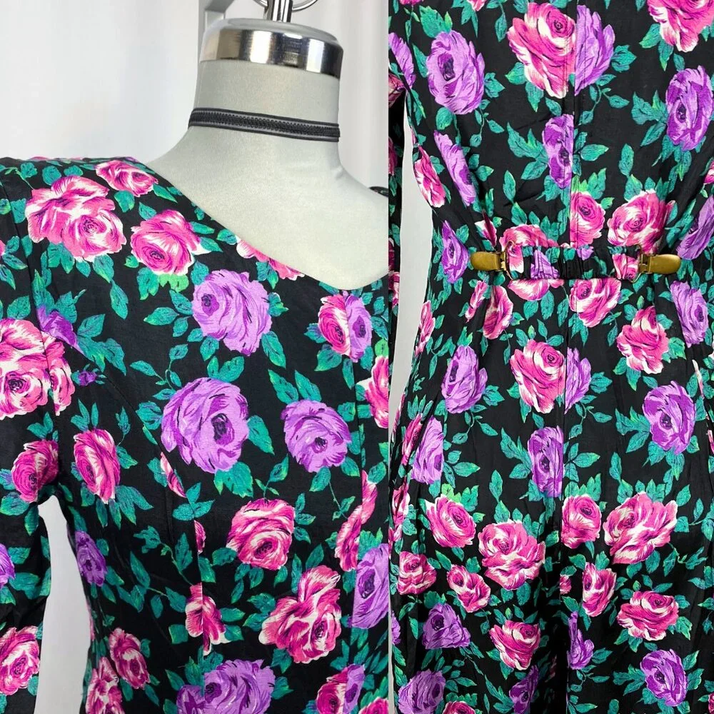 Vintage 90s black grunge floral long sleeve wide leg jumpsuit small - Picture 3 of 6